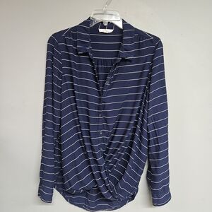 Navy Whitw Striped Button Down Long Sleeve Cross Over Hem Women's Large Shirt